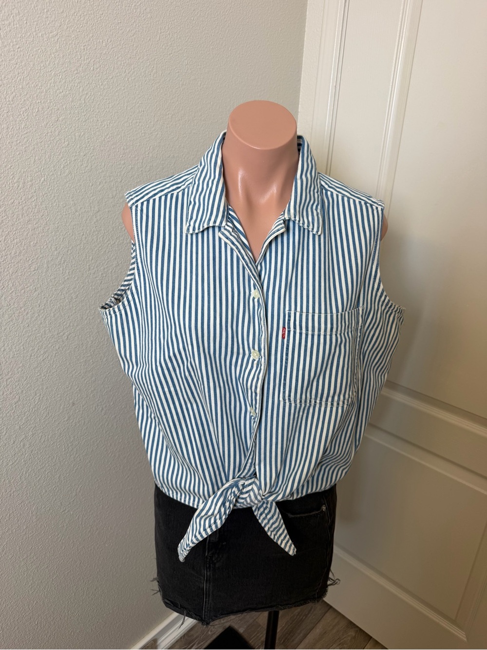 Levi's Blue and White Striped Tie-Front Tank
